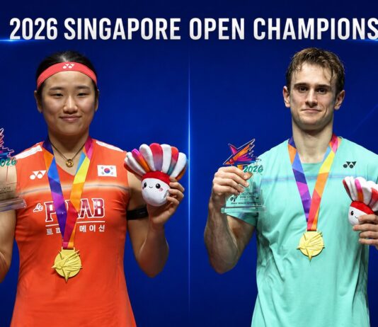 An Se Young and Alex Lanier celebrate their Singapore Open badminton titles after winning the women’s singles and men’s singles finals. (Photo: AFP)