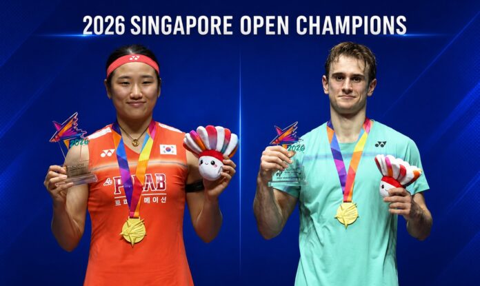 An Se Young and Alex Lanier celebrate their Singapore Open badminton titles after winning the women’s singles and men’s singles finals. (Photo: AFP) An Se Young and Alex Lanier celebrate their Singapore Open badminton titles after winning the women’s singles and men’s singles finals. (Photo: AFP)