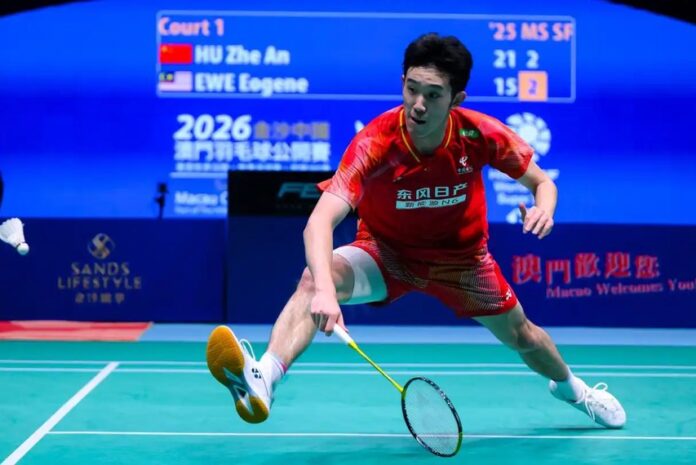 Hu Zhe An defeats Eogene Ewe to reach the Macau Open badminton men’s singles final. (Photo: Xinhua) Hu Zhe An defeats Eogene Ewe to reach the Macau Open badminton men’s singles final. (Photo: Xinhua)