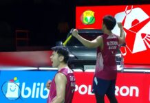 Goh Sze Fei and Nur Izzuddin celebrate after defeating Kim Won Ho and Seo Seung Jae to reach the 2026 Indonesia Open badminton men’s doubles final. (Photo: BWF)