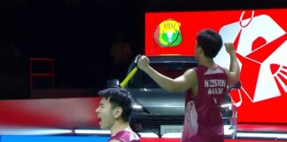 Goh Sze Fei and Nur Izzuddin celebrate after defeating Kim Won Ho and Seo Seung Jae to reach the 2026 Indonesia Open badminton men’s doubles final. (Photo: BWF)