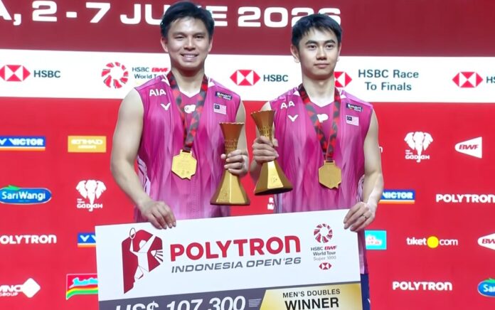 Goh Sze Fei and Nur Izzuddin Rumsani pose with their trophy after winning the 2026 Indonesia Open badminton men’s doubles title in Jakarta. (Photo: BWF) Goh Sze Fei and Nur Izzuddin Rumsani pose with their trophy after winning the 2026 Indonesia Open badminton men’s doubles title in Jakarta. (Photo: BWF)