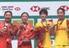 Kim Hye Jeong-Kong Hee Yong Win 30-29 Thriller as Sindhu and Feng-Huang Claim Japan Open Titles Kong Hee Yong, Kim Hye Jeong, Zhang Shu Xian and Jia Yi Fan (from left) pose for photos during the Japan Open women’s doubles awards ceremony. (Photo: BWF)