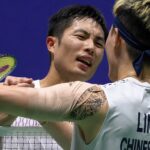 Chou Tien Chen shakes hands with Lin Chun-Yi after defeating his compatriot in the 2026 China Open badminton semifinals. (Photo: AFP)