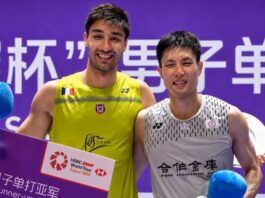 Chou Tien Chen shares the podium with Toma Junior Popov during the 2026 China Open men’s singles awards ceremony.