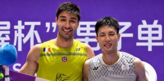 Chou Tien Chen shares the podium with Toma Junior Popov during the 2026 China Open men’s singles awards ceremony.