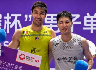Chou Tien Chen shares the podium with Toma Junior Popov during the 2026 China Open men’s singles awards ceremony.
