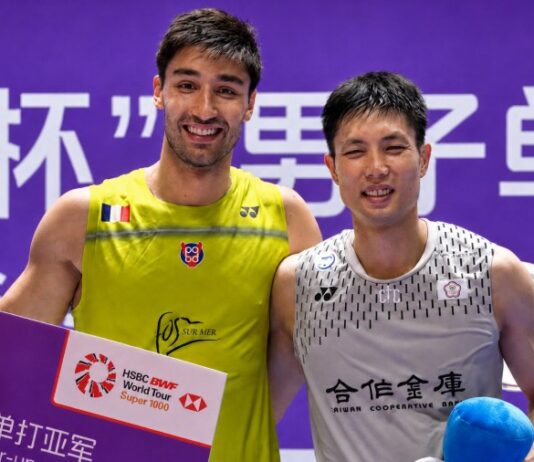 Chou Tien Chen shares the podium with Toma Junior Popov during the 2026 China Open men’s singles awards ceremony.