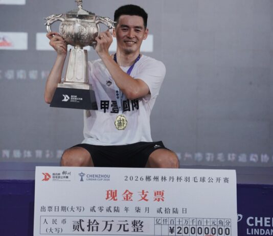 Cheam June Wei celebrates after defeating Zhao Jun Peng to win his fourth Lin Dan Cup badminton men’s singles title in Chenzhou. （Photo: Cheam June Wei's IG)