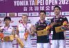 Yudai Okimoto Wins Taipei Open as Aaron Chia-Aaron Tai Narrowly Miss Men’s Doubles Title Aaron Chia and Aaron Tai pose with Indonesia’s Leo Rolly Carnando and Daniel Marthin during the Taipei Open men’s doubles awards ceremony. (Photo: BWF)