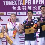 Aaron Chia and Aaron Tai pose with Indonesia’s Leo Rolly Carnando and Daniel Marthin during the Taipei Open men’s doubles awards ceremony. (Photo: BWF)
