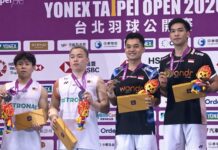 Aaron Chia and Aaron Tai pose with Indonesia’s Leo Rolly Carnando and Daniel Marthin during the Taipei Open men’s doubles awards ceremony. (Photo: BWF)