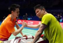 Wong Choong Hann (R) was moved to tears after his protégé Jason Gunawan made badminton history by reaching the 2026 China Masters men’s singles final, where he will face another of Wong’s protégés, fellow Hong Kong player Lee Cheuk Yiu.