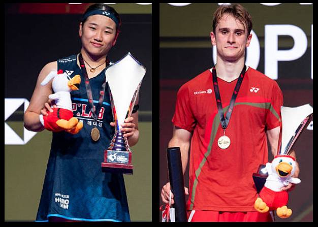 An Se Young (L) celebrates her 2026 Denmark Open women’s singles title after defeating Akane Yamaguchi, while Alex Lanier makes French badminton history in men’s singles. (Photo: BWF)