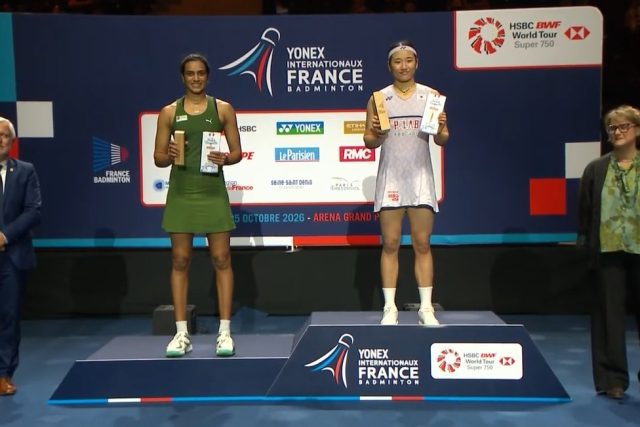 South Korea's An Se Young poses for a photo with India's P. V. Sindhu during the awards ceremony at the 2026 French Open, after defeating Sindhu 16-21, 21-11, 21-12 to claim the women's singles title in Paris. (Photo: BWF)